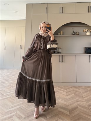 Swril Düğme Detaylı Etek Takım Kahve (5774)