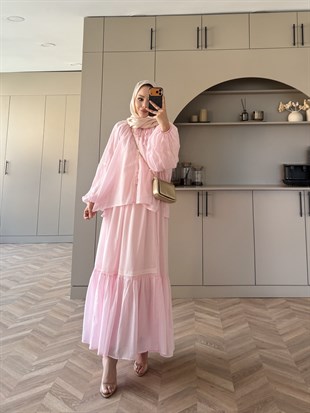 Swril Düğme Detaylı Etek Takım Pembe (5774)