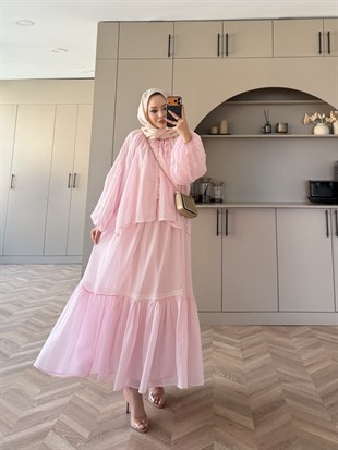 Swril Düğme Detaylı Etek Takım Pembe (5774)