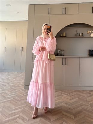 Swril Düğme Detaylı Etek Takım Pembe (5774)