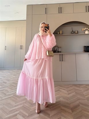Swril Düğme Detaylı Etek Takım Pembe (5774)
