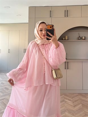 Swril Düğme Detaylı Etek Takım Pembe (5774)