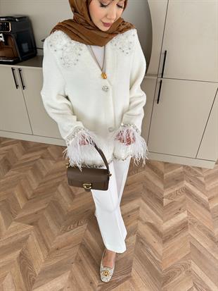Taş Detaylı Kolu Tüylü Hırka/Ceket Ekru