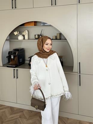 Taş Detaylı Kolu Tüylü Hırka/Ceket Ekru