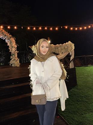 Taş Detaylı Kolu Tüylü Hırka/Ceket Ekru