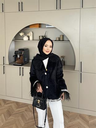 Taş Detaylı Kolu Tüylü Hırka/Ceket Siyah