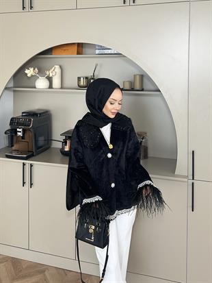 Taş Detaylı Kolu Tüylü Hırka/Ceket Siyah