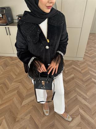 Taş Detaylı Kolu Tüylü Hırka/Ceket Siyah