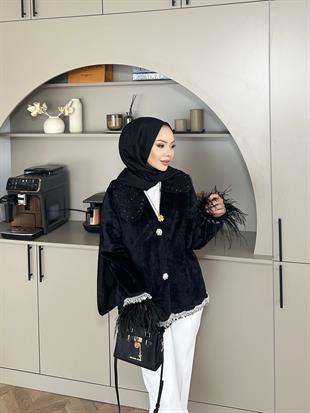 Taş Detaylı Kolu Tüylü Hırka/Ceket Siyah