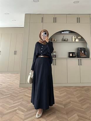 Taşlı Düğme Detaylı Kot Etekli Takım   