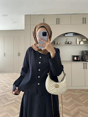 Taşlı Düğme Detaylı Kot Etekli Takım   