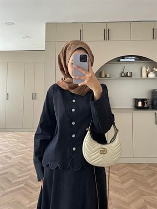 Taşlı Düğme Detaylı Kot Etekli Takım   