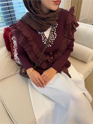 Taşlı Fırfırlı Örme Triko Hırka Mürdüm (2030)