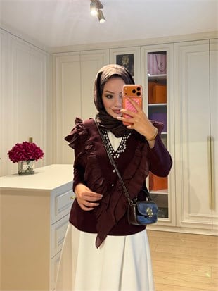 Taşlı Fırfırlı Örme Triko Hırka Mürdüm (2030)