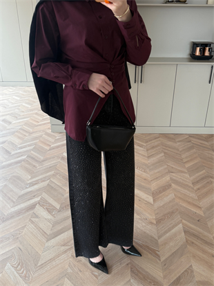 Taşlı Kesik Paça Kot Pantolon Siyah (1011)