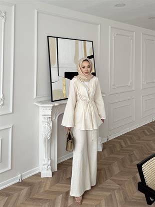 Taşlı Keten Takım Ekru