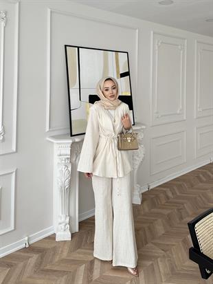 Taşlı Keten Takım Ekru