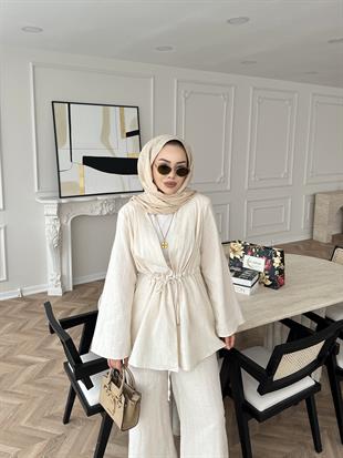 Taşlı Keten Takım Ekru