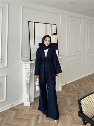 Taşlı Keten Takım Lacivert