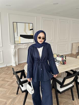 Taşlı Keten Takım Lacivert