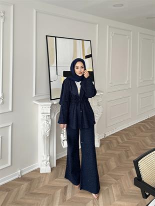 Taşlı Keten Takım Lacivert