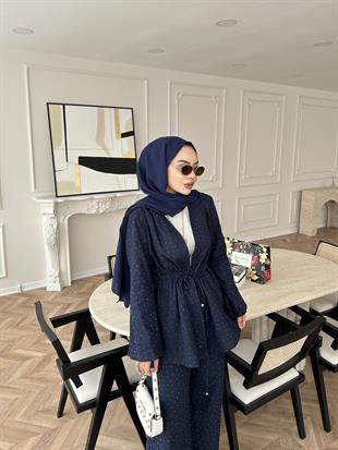 Taşlı Keten Takım Lacivert