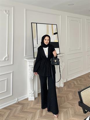 Taşlı Keten Takım Siyah