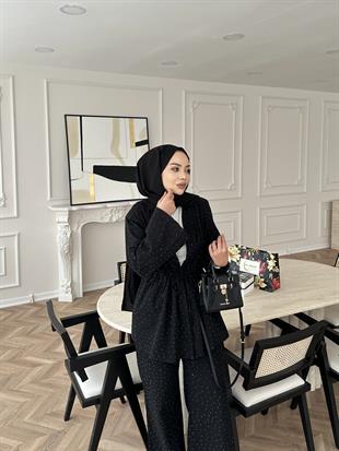 Taşlı Keten Takım Siyah