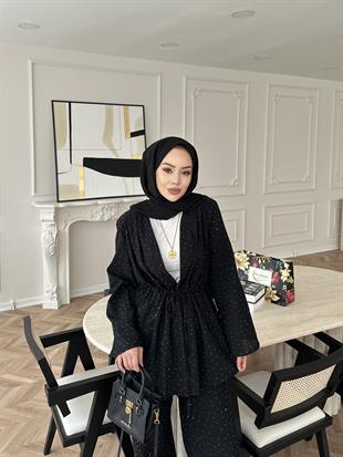 Taşlı Keten Takım Siyah