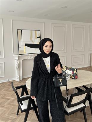 Taşlı Keten Takım Siyah