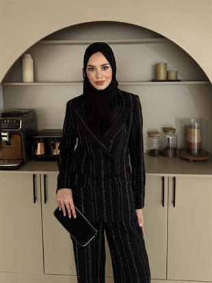 Taşlı Kruvaze Ceket Takım Siyah (8599)