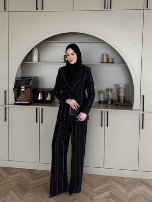 Taşlı Kruvaze Ceket Takım Siyah (8599)