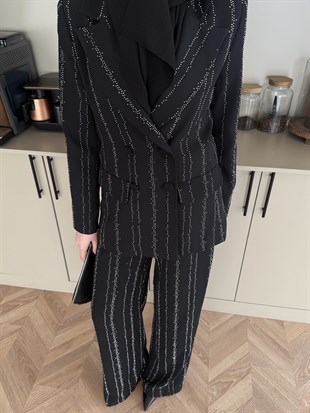 Taşlı Kruvaze Ceket Takım Siyah (8599)
