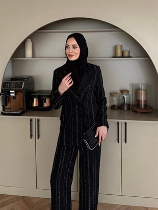 Taşlı Kruvaze Ceket Takım Siyah (8599)