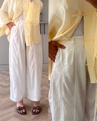 Velvet Taşlı Pantolon Beyaz (006)