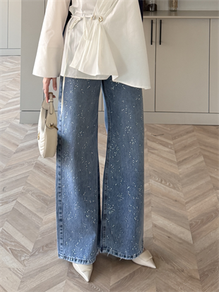 Taşlı Palazzo Kot Pantolon Mavi (1006-14)