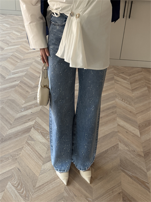 Taşlı Palazzo Kot Pantolon Mavi (1006-14)