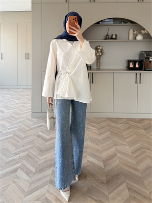 Taşlı Palazzo Kot Pantolon Mavi (1006-14)