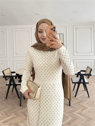 Taşlı Scuba Elbise Bej (26027)