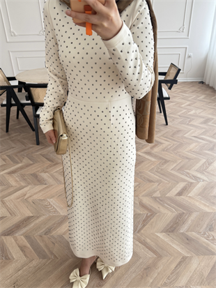 Taşlı Scuba Elbise Bej (26027)