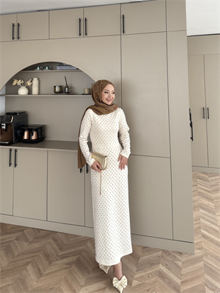 Taşlı Scuba Elbise Bej (26027)