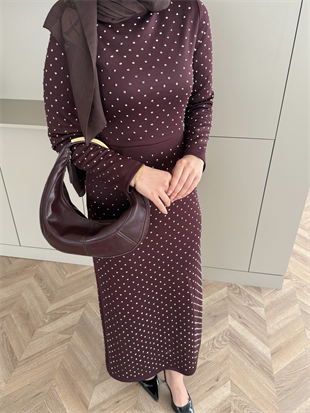 Taşlı Scuba Elbise Bordo (26027)