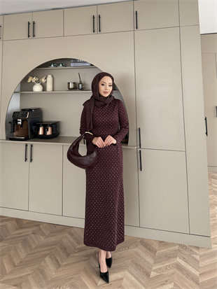 Taşlı Scuba Elbise Bordo (26027)