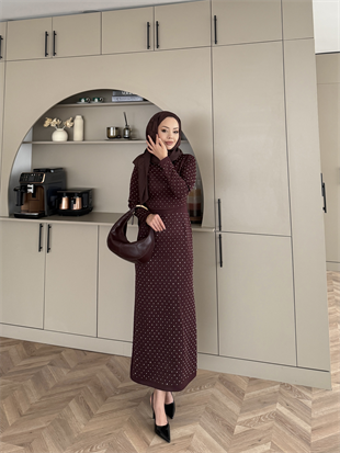 Taşlı Scuba Elbise Bordo (26027)