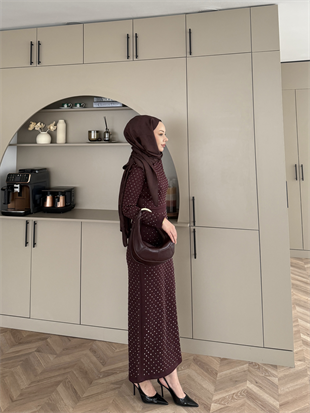 Taşlı Scuba Elbise Bordo (26027)