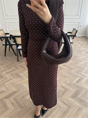 Taşlı Scuba Elbise Bordo (26027)