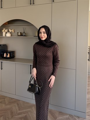 Taşlı Scuba Elbise Kahve (26027)
