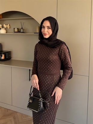 Taşlı Scuba Elbise Kahve (26027)