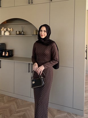 Taşlı Scuba Elbise Kahve (26027)