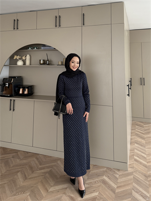 Taşlı Scuba Elbise Lacivert (26027)